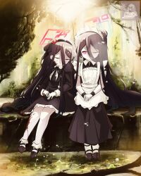  2girls apron aris_(blue_archive) aris_(maid)_(blue_archive) aris_(princess)_(blue_archive) black_dress black_hair black_hairband black_shoes blood blood_on_face blood_on_leg blue_archive bright_pupils closed_mouth commentary_request dress frilled_apron frills hairband halo highres kei_(aris)_(blue_archive) kei_(blue_archive) korean_commentary long_hair long_sleeves maid maid_apron maid_headdress minimin346539 multiple_girls neckerchief official_alternate_costume official_alternate_hairstyle one_eye_closed pink_eyes ponytail puffy_short_sleeves puffy_sleeves rectangular_halo red_halo ringed_eyes shoes short_sleeves sitting smile swept_bangs tears very_long_hair white_apron wristband 