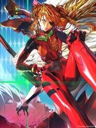  1girl alexa_mosyakina bodysuit commentary eva_02 eyepatch hairpods highres mecha_pilot_suit multicolored_bodysuit neon_genesis_evangelion orange_bodysuit orange_hair red_bodysuit solo souryuu_asuka_langley 