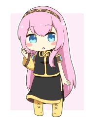  1girl :o arm_warmers black_dress blue_eyes blush_stickers boots border brown_hairband chibi chibi_only commentary_request double-parted_bangs dress full_body hairband hand_up long_hair looking_at_viewer megurine_luka nukotun open_mouth outline outside_border pink_background pink_hair see-through_clothes see-through_sleeves short_sleeves simple_background single_arm_warmer solo standing very_long_hair vocaloid white_border white_outline yellow_boots 