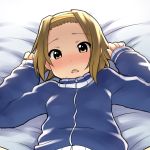  aaaa arms_up blush brown_eyes brown_hair d: hairband highres k-on! looking_up lying on_back open_mouth short_hair solo tainaka_ritsu track_jacket 