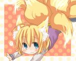  :3 ahoge animal_ears aqua_eyes blonde_hair blush fox_ears fox_tail looking_at_viewer multiple_tails no_hat no_headwear on_stomach outstretched_arms pikojirokurao polka_dot polka_dot_background short_hair solo tail touhou yakumo_ran young 