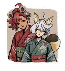  0321smith 2girls ahoge animal_ear_fluff animal_ears artist_name black_hairband blue_eyes border commentary_request floral_print floral_print_kimono flower fox_ears green_kimono grey_eyes grey_hair gundam gundam_suisei_no_majo hair_flower hair_ornament hairband highres japanese_clothes kimono miorine_rembran multiple_girls obi print_kimono raccoon_ears red_hair red_kimono sash short_hair suletta_mercury upper_body white_border 