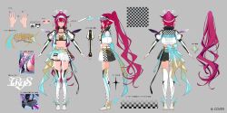  1girl aqua_bow asymmetrical_wings back_bow bandeau belt black_choker black_horns black_skirt blue_eyes boots bow breast_strap breasts checkered_clothes checkered_jacket checkered_skirt choker clothes_writing commentary_request copyright_notice cropped_jacket crystal_wings detached_wings double_halo earrings elbow_gloves english_commentary gloves grey_background halo heterochromia high_ponytail hololive hololive_english horns irys_(hololive) irys_(race_queenrys)_(hololive) jacket jewelry juliet_sleeves long_hair long_sleeves medium_breasts miniskirt mixed-language_commentary multicolored_skirt multiple_views navel necklace official_alternate_costume official_alternate_hairstyle official_art pink_eyes pisuke_wan pleated_skirt pointing_out_the_details pointy_ears ponytail puffy_sleeves purple_hair reference_sheet second-party_source shorts shorts_under_skirt side_slit sidelocks simple_background skirt star-shaped_pupils star_(symbol) star_halo stomach symbol-shaped_pupils thigh_boots thigh_strap turnaround very_long_hair virtual_youtuber visor_cap waist_bow white_bandeau white_belt white_boots white_gloves white_jacket white_skirt wings 