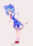 cirno feet_together highres knees_apart_feet_together kokono_(sakaebaka) leaning_forward open_mouth outstretched_arms simple_background smile solo touhou 