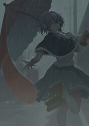  1girl absurdres aqua_capelet aqua_hair aqua_skirt bamboo bamboo_forest blue_eyes capelet commentary_request fog forest geta hetero heterochromia highres kto_znaet nature offering_hand oil-paper_umbrella rain reaching reaching_towards_viewer red_eyes shirt skirt solo tatara_kogasa touhou umbrella water_drop white_shirt 