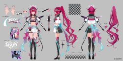  1girl aqua_bow asymmetrical_wings back_bow bandeau belt black_bandeau black_boots black_choker black_gloves black_horns black_skirt blue_eyes boots bow breast_strap breasts checkered_clothes checkered_jacket checkered_skirt choker clothes_writing commentary_request copyright_notice cropped_jacket crystal_wings detached_wings double_halo earrings elbow_gloves english_commentary gloves grey_background halo heterochromia high_ponytail hololive hololive_english horns irys_(hololive) irys_(race_queenrys)_(hololive) jacket jewelry juliet_sleeves long_hair long_sleeves medium_breasts miniskirt mixed-language_commentary multicolored_skirt multiple_views navel necklace official_alternate_costume official_alternate_hairstyle official_art pink_eyes pisuke_wan pleated_skirt pointing_out_the_details pointy_ears ponytail puffy_sleeves purple_hair reference_sheet second-party_source shorts shorts_under_skirt side_slit sidelocks simple_background skirt star-shaped_pupils star_(symbol) star_halo stomach symbol-shaped_pupils thigh_boots thigh_strap turnaround very_long_hair virtual_youtuber visor_cap waist_bow white_belt white_jacket white_skirt wings 