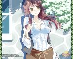  aki_masanari breasts brown_eyes cleavage dress_shirt isuzu_sayoko long_hair open_clothes parted_lips red_hair redhead shirt solo sucre unbuttoned vest wallpaper 