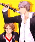  brown_eyes brown_hair chiru_(sanifani) grey_eyes grey_hair hanamura_yousuke headphones headphones_around_neck houndstooth katana multiple_boys narukami_yuu persona persona_4 school_uniform short_hair sword weapon 