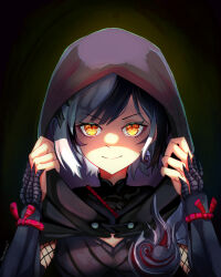  absurdres arm_guards artist_name ben-day_dots black_background black_cloak black_hair cloak closed_mouth commentary earrings fishnets grey_hair highres hololive hololive_english hood hood_up hooded_cloak jewelry looking_at_viewer miku_(mikururun) monster_hunter_(series) multicolored_hair official_alternate_costume portrait screentones shiori_novella shiori_novella_(ebony_odogaron) short_hair smile solo split-color_hair straight-on swept_bangs two-tone_hair virtual_youtuber yellow_eyes 