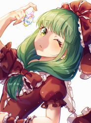  1girl absurdres bow chinese_commentary commentary_request dress frilled_bow frilled_ribbon frills front_ponytail green_eyes green_hair hair_bow hair_ribbon highres jewelry kagiyama_hina looking_at_viewer one_eye_closed red_bow red_dress red_ribbon ribbon solo touhou upper_body white_background xiatianyouzhile 