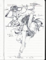 1boy 1girl 66167e3d absurdres aqua_eyes arm_up boots chinese_text double_bun greyscale hair_bun half_updo heterochromia highres hong_lu_(project_moon) jacket jia_xichun_(project_moon) limbus_company long_hair monochrome open_clothes open_jacket open_mouth pants project_moon red_eyes shirt smile standing standing_on_one_leg translation_request twintails very_long_hair white_shirt 