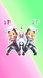  2girls absurdres animal_ear_headphones animal_ears black_skirt black_socks black_thighhighs blonde_hair blue_archive blue_necktie boots bow cat_ear_headphones cat_ears closed_mouth collared_shirt commentary fake_animal_ears forehead full_body green_background green_eyes green_halo hair_between_eyes hair_bow halo headphones heart highres hood hood_down hooded_jacket jacket korean_commentary long_sleeves looking_at_viewer midori_(blue_archive) minimin346539 momoi_(blue_archive) multiple_girls necktie open_mouth pink_background pink_boots pink_eyes pink_halo pleated_skirt red_bow shirt shoes siblings sisters skirt smile socks thigh-highs thighhighs_under_boots twins white_jacket white_shirt 