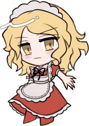  1girl apron black_ribbon blonde_hair blush chibi chibi_only closed_mouth dress frilled_apron frilled_dress frills full_body long_dress long_hair looking_at_viewer maid_headdress mirei_(miirei) neck_ribbon red_dress red_shoes ribbon shoes short_sleeves simple_background solo standing touhou touhou_(pc-98) transparent_background white_apron yellow_eyes yumeko_(touhou) 