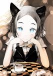  1girl animal_ears blue_eyes blush bowtie checkered chin_rest cookie cup elbow_rest food grey_hair highres looking_at_viewer original plate pov_across_table saucer short_hair smile solo table yunar 