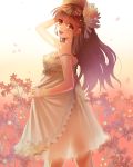  arm_up bare_shoulders blush bracelet brown_eyes brown_hair dress dress_lift flower hair_ornament hairclip hat highres jewelry ktsis long_hair looking_back open_mouth original smile solo strap_slip 