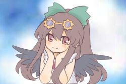  1girl bird_wings black_wings blush bow brown_hair chest_eye closed_mouth commentary eyewear_on_head green_bow hair_bow long_hair looking_at_viewer red_eyes reiuji_utsuho shirt silverrain smile solo sunglasses third_eye touhou upper_body white_shirt wings 