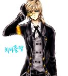  bad_id blonde_hair blue_eyes bowtie chung elsword formal hand_on_head korean krazywolf male monocle smile solo suit white_background 