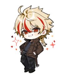  1boy black_pants black_shirt black_shoes blonde_hair blush_stickers braid brown_jacket collared_jacket commentary_request deformed dot_nose double-parted_bangs fate/strange_fake fate_(series) full_body grin hair_between_eyes hands_in_pockets high_collar jacket korean_commentary long_sleeves male_focus multicolored_hair okchun pants red_eyes red_hair richard_i_(fate) richard_i_(second_ascension)_(fate) shirt shoes simple_background smile solo sparkle standing streaked_hair unzipped v-neck white_background 