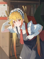  1girl absurdres antlers backpack bag black_dress blonde_hair bookshelf breasts calendar_(object) chinese_commentary collared_shirt commentary_request cowboy_shot dress gloves grin hair_between_eyes hand_up height_mark highres horns indoors kobayashi-san_chi_no_maidragon leaning_forward long_hair maid_headdress moja_(pixiv_78124053) necktie orange_eyes randoseru red_bag red_necktie shirt short_sleeves smile solo standing straight_hair tohru_(maidragon) very_long_hair white_gloves white_shirt 