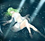  bandage bandages bare_legs barefoot blush breasts detached_sleeves frog_hair_ornament green_eyes green_hair hair_ornament hair_tubes haruhi0816 kochiya_sanae long_hair lying navel open_clothes sarashi skirt snake solo touhou water wet wet_clothes 