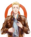  blonde_hair blue_eyes casual kanapy leather_jacket male marvel solo steve_rogers 