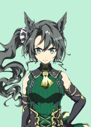  1girl animal_ears ascot bare_shoulders black_gloves black_hair breasts closed_mouth crown_ornament ear_ornament ear_through_crown elbow_gloves gloves green_eyes green_sweater hair_between_eyes highres horse_ears horse_girl long_hair looking_at_viewer medium_breasts multicolored_hair necktie ribbed_sweater satono_crown_(emerald_journey)_(umamusume) satono_crown_(umamusume) shorts side_ponytail simple_background sleeveless sleeveless_sweater solo streaked_hair suspender_shorts suspenders sweater umamusume white_hair yellow_ascot yellow_necktie zukki_(bijitaru) 