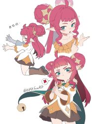  1girl absurdres ahoge aqua_eyes bell blush boots braid cape chinese_commentary commentary_request double_bun green_eyes hair_bun hair_ornament highres krithia_(roco_kingdom:_world) long_hair looking_at_viewer multiple_views open_mouth pink_hair pointy_ears red_hair roco_kingdom roco_kingdom:_world simple_background skirt twitter_username waxgourd white_background 