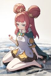  1girl absurdres anger_vein aqua_eyes barefoot bell blue_eyes braid breasts cape chinese_commentary closed_mouth commentary_request double_bun dress feet full_body hair_bun highres jingle_bell krithia_(roco_kingdom:_world) laska_(572124034) long_hair looking_at_viewer pink_hair pointy_ears roco_kingdom roco_kingdom:_world sitting small_breasts solo wariza 