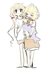 2girls ahoge barefoot black_eyes blonde_hair blush brown_dress closed_eyes deformed dress eyelashes futaba_anzu hair_between_eyes hair_flaps hair_ribbon highres idolmaster idolmaster_cinderella_girls jitome low-tied_sidelocks low_twintails multiple_girls nendo23 oversized_clothes oversized_shirt red_ribbon ribbon shirt shorts sidelocks simple_background sketch solid_oval_eyes striped_clothes striped_shorts stuffed_animal stuffed_dolphin stuffed_toy t-shirt twintails white_background white_shirt yusa_kozue 