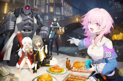  1other 4girls absurdres arm_up barefoot black_choker black_corset black_gloves black_skirt blue_eyes blue_jacket blue_skirt boots bread breasts camera choker clara_(honkai:_star_rail) closed_eyes coat commentary_request corset cup earrings flower_ornament food fur_trim gloves grey_hair hair_between_eyes highres holding holding_cup honkai:_star_rail honkai_(series) jacket jewelry k_hottok large_breasts long_hair long_sleeves march_7th_(honkai:_star_rail) medium_breasts medium_hair miniskirt multicolored_eyes multiple_girls natasha_(honkai:_star_rail) open_mouth pantyhose partially_fingerless_gloves pink_eyes pink_hair plate pleated_skirt pointing red_coat red_jacket robot shirt short_hair single_earring sitting skirt smile stelle_(honkai:_star_rail) svarog_(honkai:_star_rail) tied_jacket trailblazer_(honkai:_star_rail) two-tone_eyes white_hair white_shirt yellow_eyes 