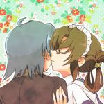  1girl ayasaki_hayate blue_hair blush brown_hair cheek_kiss closed_eyes couple hayate_no_gotoku! hitaishou_chiritori kiss long_hair lowres maid maid_headdress maria short_hair 