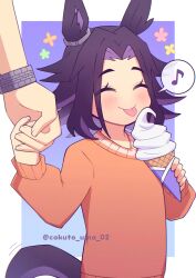  1girl 1other absurdres aged_down animal_ears black_hair blush closed_eyes closed_mouth commentary_request fenomeno_(umamusume) flipped_hair highres holding holding_ice_cream_cone horse_ears horse_girl ice_cream_cone long_sleeves multicolored_hair musical_note orange_sweater purple_hair short_hair smile spoken_musical_note sweater tail tongue tongue_out umamusume w3n6e watch watch 