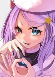  1girl anastasia_hoshin aqua_eyes fellatio_gesture fur_collar hair_ornament hat highres jewelry long_hair looking_at_viewer nail_polish necklace ontama_(ontama_link1235) parted_hair purple_hair re:zero_kara_hajimeru_isekai_seikatsu solo star_(symbol) star_hair_ornament tongue tongue_out upper_body 