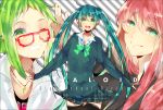  adjusting_glasses bowtie glasses green_hair gumi hatsune_miku highres long_hair megurine_luka multiple_girls ogino_(pnbt5) open_mouth pink_hair red-framed_glasses smile striped striped_background sweater thigh-highs thighhighs twintails vocaloid 