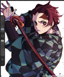  1boy belt black_pants black_shirt brown_hair commentary cropped_legs earrings forehead frown green_haori haori highres holding holding_sword holding_weapon japanese_clothes jewelry kamado_tanjirou katana kimetsu_no_yaiba long_sleeves looking_at_viewer male_focus pants parted_lips scar scar_on_face scar_on_forehead shirt short_hair simple_background solo standing sword untranslatable_commentary violet_eyes water weapon white_background white_belt yeknnnnn 