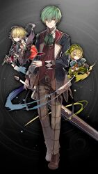  3boys armor belt black_jacket brown_belt brown_pants brown_shoes buttons chibi closed_mouth dwarf_(grimms_notes) floating full_body game_asset gold_buttons green_hair green_hat green_pants grey_background grimms_notes hair_between_eyes hat holding holding_shield holding_sword holding_weapon hosato_mikine jacket male_focus mini_person miniboy multiple_boys non-web_source official_art open_clothes open_jacket pants prince_wald_(grimms_notes) red_vest shield shirt shoes short_hair smile sword vest weapon white_shirt wilhelm_grimm_(grimms_notes) wilhelm_grimm_(original)_(grimms_notes) yellow_eyes 