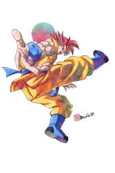  1boy absurdres beatlo_(rodrigo38658978) blue_boots blue_sash blue_shirt boots commentary dougi dragon_ball dragon_ball_super fingernails full_body highres jumpsuit looking_at_viewer male_focus open_mouth orange_jumpsuit pink_eyes pink_hair sash shirt short_sleeves simple_background sleeveless_jumpsuit smile solo son_goku spiky_hair super_saiyan super_saiyan_god teeth toriyama_akira_(style) untranslatable_commentary waist_sash white_background 