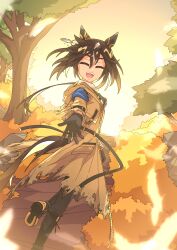  1girl absurdres animal_ears black_gloves black_hair black_pants brown_hair closed_eyes coat commentary ear_covers english_commentary facing_viewer gloves goggles goggles_around_neck hair_between_eyes highres horse_ears horse_girl horse_tail long_hair multicolored_hair open_mouth orange_sky outdoors pants reaching reaching_towards_viewer scalizo shirt sky smile solo stay_gold_(sunlit_outsider)_(umamusume) stay_gold_(umamusume) sunset tail teeth torn_clothes torn_coat tree umamusume upper_teeth_only white_hair white_shirt wrist_belt yellow_coat 