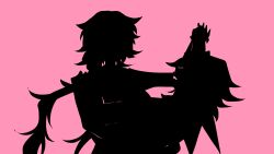  2girls commentary dancing dual_persona english_commentary evernight_(honkai:_star_rail) facing_another from_side hand_on_another's_shoulder holding_hands honkai:_star_rail honkai_(series) jellyfish_cut long_hair march_7th_(honkai:_star_rail) march_7th_(preservation)_(honkai:_star_rail) medium_hair multiple_girls parted_lips pink_background profile prxjectray puritan_collar silhouette simple_background upper_body 