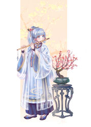  1girl absurdres ao_dai blue_eyes blue_hair do_myzu flute genshin_impact hair_ornament highres hime_cut holding holding_flute holding_instrument instrument kamisato_ayaka long_hair mixed-language_commentary patterned_clothing plant playing_flute playing_instrument potted_plant shoes tassel vietnam vietnamese_clothes wide_sleeves 