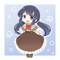  1girl blue_background blue_hair blue_wings boots bow bowtie brown_boots brown_skirt capelet chibi frilled_skirt frills hair_bow hair_ornament holding holding_tablet_pc kitagawa_suigetsu kitagawa_suigetsu_(character) low_twintails open_mouth original red_bow red_bowtie shirt skirt solo tablet_pc twintails white_bow white_shirt wings yellow_capelet 