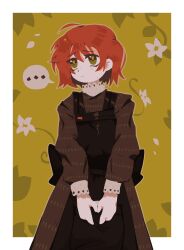  ... 1girl absurdres apron asya_shubina black_apron brown_dress brown_eyes brown_hair closed_mouth cowboy_shot dress highres light_blush long_sleeves looking_to_the_side nevorim own_hands_together school_uniform short_hair solo soviet_school_uniform spoken_ellipsis worried yellow_pupils z.a.t.o._//_i_love_the_world_and_everything_in_it 