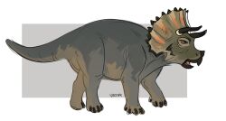  animal_focus border brown_eyes dinosaur from_side grey_background highres horns ljesak no_humans open_mouth original outside_border simple_background solo triceratops white_border 