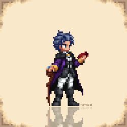  1boy black_boots boots cane cape commentary english_commentary grey_eyes grey_hair highres holding holding_cane kingmaster_13 male_focus octopath_traveler octopath_traveler:_champions_of_the_continent octopath_traveler_0 pants pixel_art reflection ringbearer_(octopath_traveler) short_hair solo white_background white_pants 