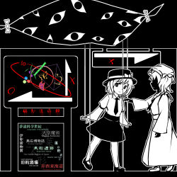  2girls bamboo_shoot bow bug butterfly collared_dress collared_shirt commentary_request disembodied_eye dress flower galm_x_lmr_(ryonasa) gap_(touhou) hat hat_bow highres long_sleeves maribel_hearn medium_hair mob_cap multiple_girls neck_ribbon necktie no_eyes open_mouth ribbon ribbon-trimmed_collar ribbon_trim shirt shoes skirt sleeve_garter spot_color touhou translation_request usami_renko walking 