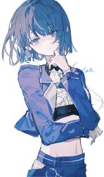 1girl absurdres blue_eyes blue_hair blue_jacket blue_pants breasts closed_mouth clothing_cutout collared_shirt contrast_collar crop_top cropped_jacket cropped_shirt expressionless floral_print floral_print_shirt hand_on_own_chin hand_up head_tilt highres hip_vent jacket kiritani_haruka layla_836829767 lead_to_shine_more_(project_sekai) long_sleeves looking_at_viewer midriff official_alternate_costume open_clothes open_jacket pants print_shirt project_sekai shirt short_hair sidelocks signature simple_background small_breasts solo upper_body white_background white_shirt 