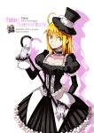  blonde_hair cane fate/stay_night fate_(series) gloves gothic_lolita green_eyes hat highres juliet_sleeves kokutouakiba lolita_fashion long_sleeves puffy_shoulder_long_sleeves puffy_sleeves saber solo top_hat white_gloves 