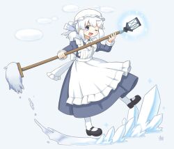 1girl apron black_shoes blue_dress bow commentary_request crystal_hair_ornament dress frilled_apron frilled_hat frills grey_eyes hair_bow hat highres holding holding_mop kitagawa_suigetsu lantern low_ponytail lumiricca_(kitagawa_suigetsu) maid_apron maid_day mob_cap mop official_alternate_costume one_eye_closed open_mouth original ponytail shoes socks solo v-shaped_eyebrows waist_bow white_background white_bow white_hat white_socks 