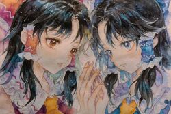  2girls alternate_color ascot black_hair blue_bow blue_eyes bow brown_eyes brown_hair chinnpi closed_mouth dual_persona eye_contact frilled_bow frilled_hair_tubes frills hair_bow hair_tubes hakurei_reimu long_hair looking_at_another multiple_girls non-web_source portrait red_bow stitched third-party_edit touhou traditional_media yellow_ascot 