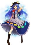:d asuna_(i_luv) bad_id blue_hair boots cross-laced_footwear food foreshortening fruit full_body hat highres hinanawi_tenshi lace-up_boots long_hair long_skirt open_mouth outstretched_arm peach red_eyes skirt smile solo touhou